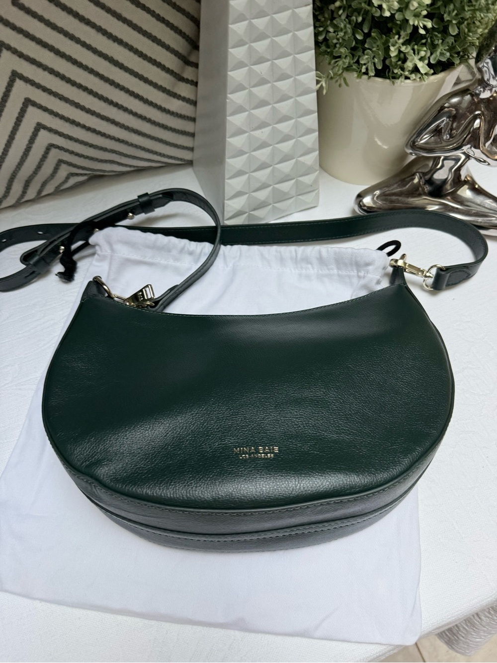 MINA BAIE Medium Dark Green Leather Crescent Crossbody